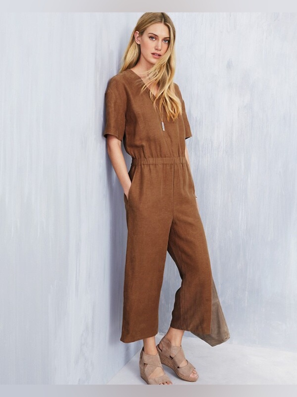 EILEEN FISHER Tencel & Organic Linen Slub Jumpsuit XL rust